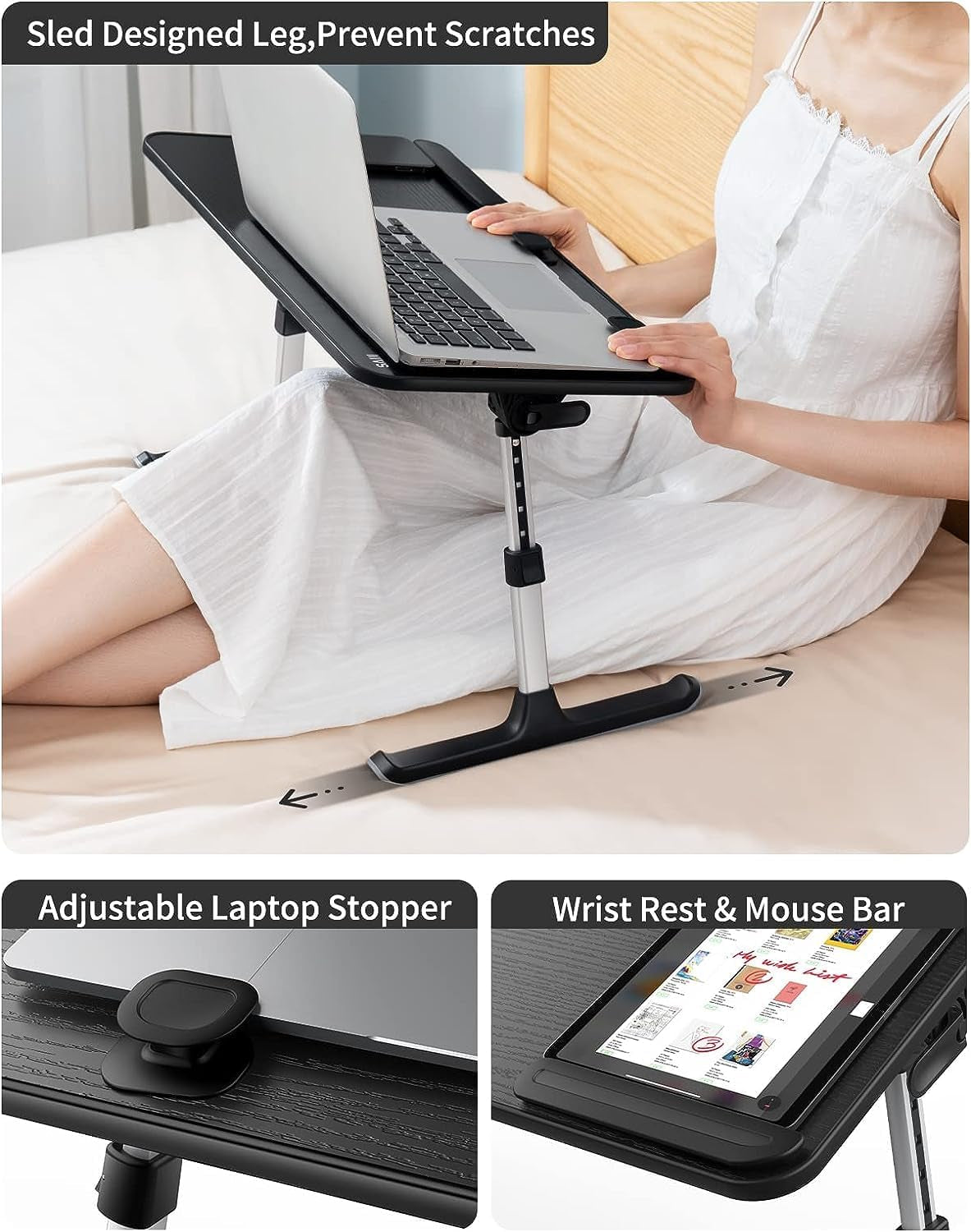 Laptop Desk for Bed, Height & Angle Adjustable Laptop Stand for Bed, Lap Desk Bed Tray Table, Light Weight Foldable Portable Laptop Table for Couch Sofa Chair Floor Desk for Adults, Kids (Black)-3