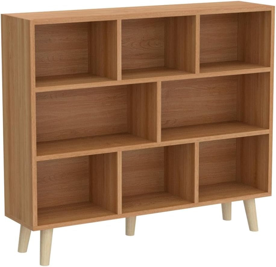 Wooden Open Shelf Bookcase - 3-Tier Floor Standing Display Cabinet Rack with Legs, 8 Cubes Bookshelf, Pear Yellow-4