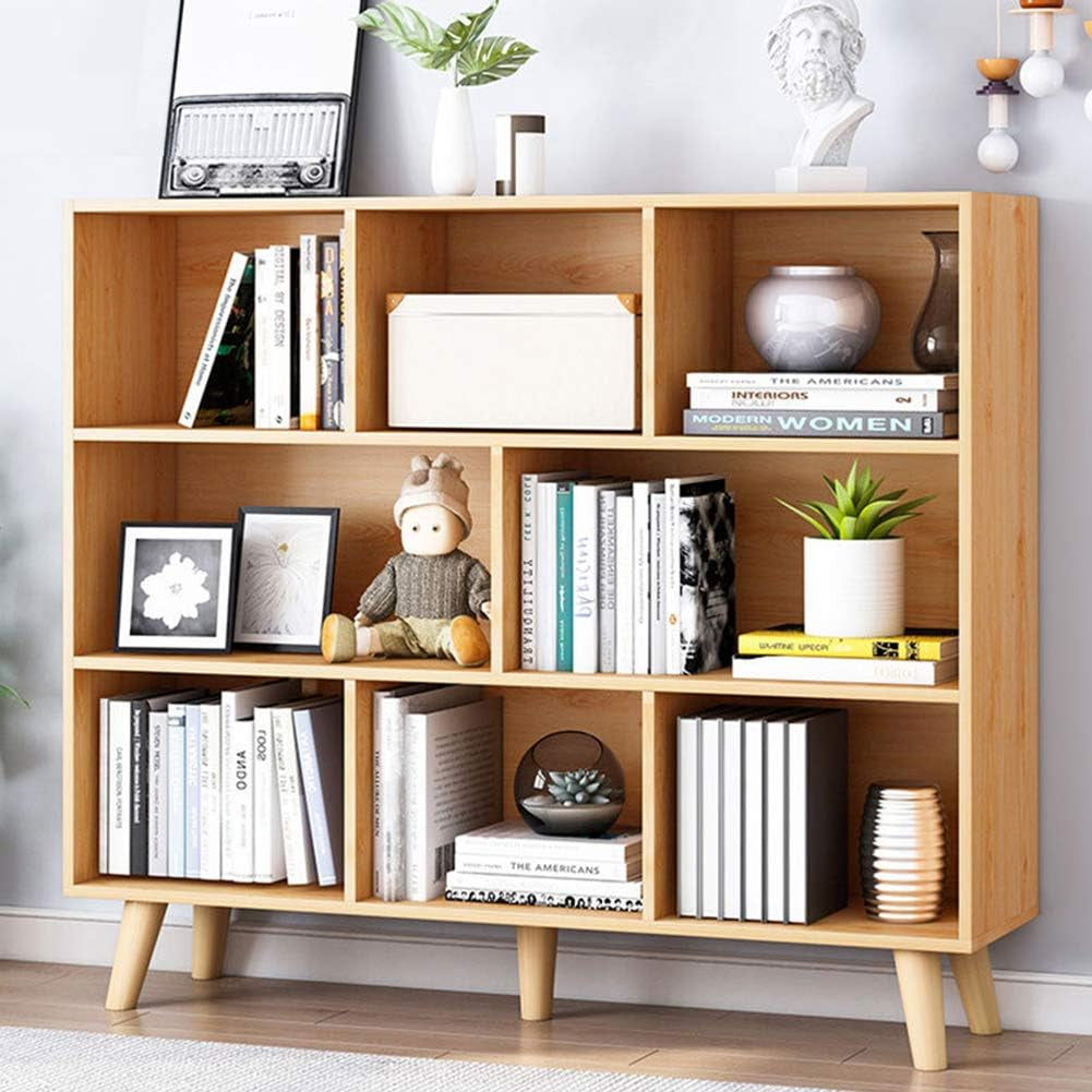 Wooden Open Shelf Bookcase - 3-Tier Floor Standing Display Cabinet Rack with Legs, 8 Cubes Bookshelf, Pear Yellow-0